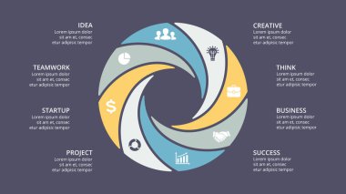 Daire okları Infographic vektör, döngüsü diyagramı, grafik, sunu grafik. İş kavramı ile 8 seçenekleri, parçalar, adımları, işler.
