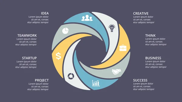 Vektor cirkel pilar infographic, cykel diagram, diagram, presentation diagram. Affärsidén med 8 alternativ, delar, steg, bearbetar. — Stock vektor