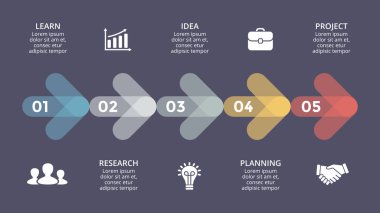 Vektör okları zaman çizelgesi Infographic, diyagram grafik, grafik sunum. İş ilerleme kavramı ile 5 seçenekleri, parçalar, adımları, işler.