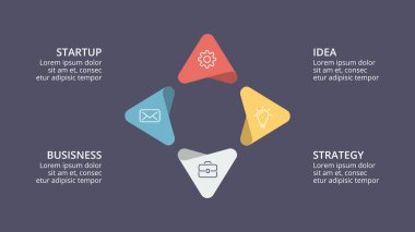 Daire soyut okları Infographic vektör, döngüsü diyagramı, grafik, sunu grafik. İş kavramı ile 4 seçenekleri, parçalar, adımları, işler. 16 x 9 karanlık slayt şablonu.