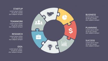 Vektör daire Infographic Bulmaca, döngüsü diyagramı, grafik, sunu grafik. İş kavramı ile 7 seçenekleri, parçalar, adımları, işler. 16 x 9 karanlık slayt şablonu.