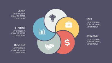 Daire okları Infographic vektör, döngüsü diyagramı, grafik, sunu grafik. İş kavramı ile 5 seçenekleri, parçalar, adımları, işler. 16 x 9 karanlık slayt şablonu.