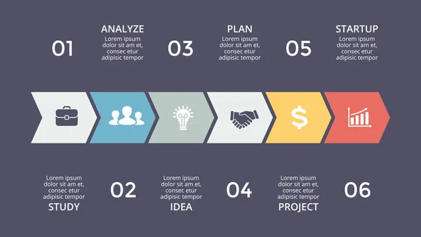 Infográfico de linha do tempo de setas vetoriais, gráfico de diagramas, apresentação de gráficos. Conceito de progresso de negócios com 6 opções, peças, etapas, processos . — Vetor de Stock