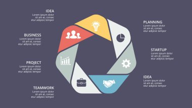 Daire okları Infographic vektör, döngüsü diyagramı, grafik, sunu grafik. İş kavramı ile 7 seçenekleri, parçalar, adımları, işler. 16 x 9 karanlık slayt şablonu.