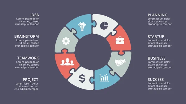 Infográfico de setas de círculo vetorial, diagrama de ciclo, gráfico, gráfico de apresentação. Conceito de negócio com 8 opções, peças, etapas, processos . —  Vetores de Stock