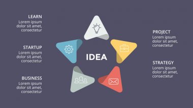 Daire okları Infographic vektör, döngüsü diyagramı, grafik, sunu grafik. İş kavramı ile 5 seçenekleri, parçalar, adımları, işler. 16 x 9 karanlık slayt şablonu.