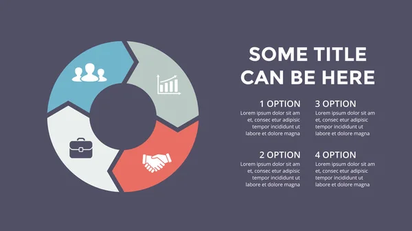 Φορέα infographic βέλη κύκλο, κύκλο, διάγραμμα, διάγραμμα, παρουσίαση γράφημα. Επιχειρηματική ιδέα με 4 επιλογές, τμήματα, βήματα, επεξεργάζεται. πρότυπο σκοτεινή φωτογραφική διαφάνεια 16 x 9. — Διανυσματικό Αρχείο