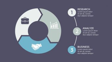 Daire okları Infographic vektör, döngüsü diyagramı, grafik, sunu grafik. İş kavramı ile 3 seçenekleri, parçalar, adımları, işler. 16 x 9 karanlık slayt şablonu.
