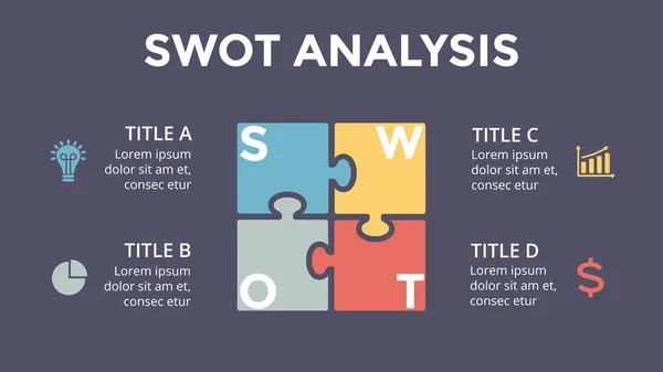 矢量 Swot 分析广场益智的信息图表，周期图表、 图形、 图表演示文稿。经营理念与 4 选项、 配件、 步骤、 流程。16 x 9 黑暗的幻灯片模板. — 图库矢量图片