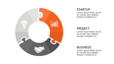 Vektör daire Infographic Bulmaca, döngüsü diyagramı, grafik, sunu grafik. İş kavramı ile 3 seçenekleri, parçalar, adımları, işler. 16 x 9 Slayt şablonu.