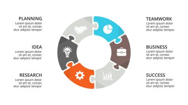 Vektör daire Infographic Bulmaca, döngüsü diyagramı, grafik, sunu grafik. İş kavramı ile 6 seçenekleri, parçalar, adımları, işler. 16 x 9 Slayt şablonu.