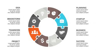 Vektör daire Infographic Bulmaca, döngüsü diyagramı, grafik, sunu grafik. İş kavramı ile 8 seçenekleri, parçalar, adımları, işler. 16 x 9 Slayt şablonu.
