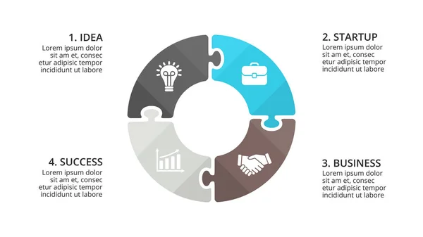 Infográfico de quebra-cabeça de círculo vetorial, diagrama de ciclo, gráfico, gráfico de apresentação. Conceito de negócio com 4 opções, peças, etapas, processos. Modelo de corrediça 16x9 . — Vetor de Stock