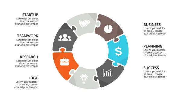 Vector círculo rompecabezas infografía, diagrama de ciclo, gráfico, gráfico de presentación. Concepto de negocio con 7 opciones, partes, pasos, procesos. plantilla de diapositiva 16x9 . — Vector de stock