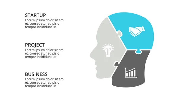 Vector brain infographic. Template for human head diagram, knowledge graph, neural network presentation and face chart. Business idea concept with 3 options, parts, steps. Puzzle jigsaw. — Stock Vector