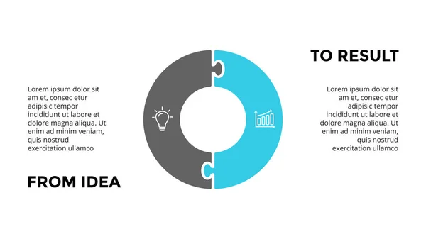 Infographie de puzzle de cercle vectoriel, diagramme de cycle, graphique, diagramme de présentation. Concept d'entreprise avec 2 options, pièces, étapes, processus. De l'idée au résultat. Modèle de diapositive sombre 16x9 . — Image vectorielle