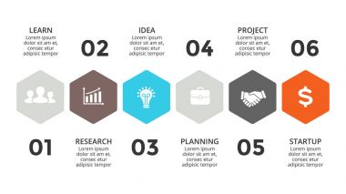 Vektör okları zaman çizelgesi Infographic, diyagram grafik, grafik sunum. İş ilerleme kavramı ile 6 seçenekleri, parçalar, adımları, işler.