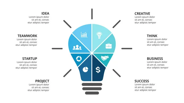 Vector glödlampa infographic. Mall för diagram, diagram, presentation och lager diagram. Startup idé lampan affärsidé med alternativ, delar, steg, bearbetar. Framgångsrika brainstorming. — Stock vektor