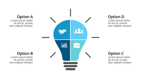 Vektorglühbirnen-Infografik. Vorlage für Diagramm, Diagramm, Darstellung und Ebenendiagramm. Gründungsidee Lampenkonzept mit Optionen, Teilen, Schritten, Prozessen. Erfolgreiches Brainstorming. — Stockvektor