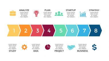 Vektör okları zaman çizelgesi Infographic, diyagram grafik, grafik sunum. İş ilerleme kavramı ile 8 seçenekleri, parçalar, adımları, işler.