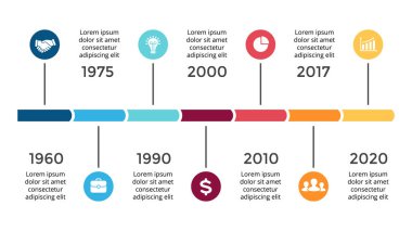 Vektör okları zaman çizelgesi Infographic, diyagram grafik, grafik sunum. İş ilerleme kavramı ile 7 seçenekleri, parçalar, adımları, işler.