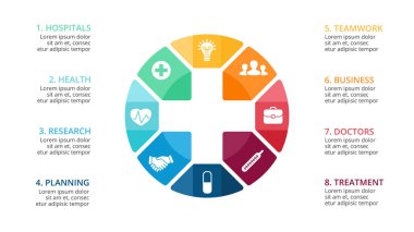 Vektör artı Infographic, tıbbi diyagramı, sağlık grafik, hastane tanıtımı, acil durum grafik. Tıp doktor logosunu görmeniz gerekir. 8 seçenekleri, parçalar, adımları, konseptiyle işler.