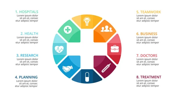 Vector plus infographic, medicinsk diagram, hälso-och graf, sjukhuset presentation, akut diagram. Medicin läkare logotyp. Konceptet med 8 alternativ, delar, steg, processer. — Stock vektor