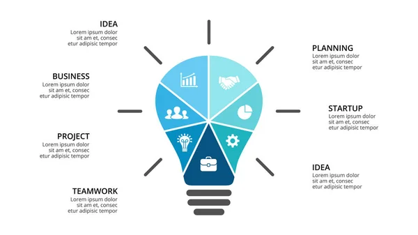 Vector glödlampa infographic. Mall för diagram, diagram, presentation och lager diagram. Startup idé lampan affärsidé med alternativ, delar, steg, bearbetar. Framgångsrika brainstorming. — Stock vektor