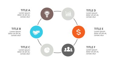 Daire okları Infographic vektör, döngüsü diyagramı, grafik, sunu grafik. İş kavramı ile 6 seçenekleri, parçalar, adımları, işler.