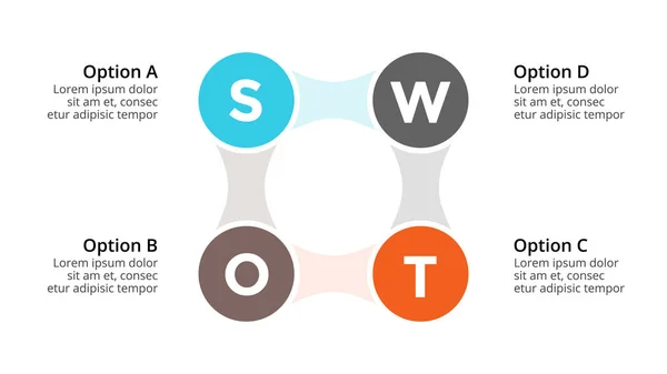 Vektor Swot analýza náměstí metaball infografiku, cyklu, diagram, graf, graf prezentace. Obchodní koncept s 4 možnosti, díly, kroky, zpracuje. 16 x 9 temný snímek šablona. — Stockový vektor