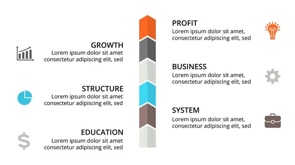 Vector pijlen tijdlijn infographic, diagram, grafiek, grafiek presentatie. Vooruitgang bedrijfsconcept met 6 opties, onderdelen, stappen, verwerkt. — Stockvector
