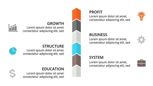 Infográfico de linha do tempo de setas vetoriais, gráfico de diagramas, apresentação de gráficos. Conceito de progresso de negócios com 6 opções, peças, etapas, processos . — Vetor de Stock