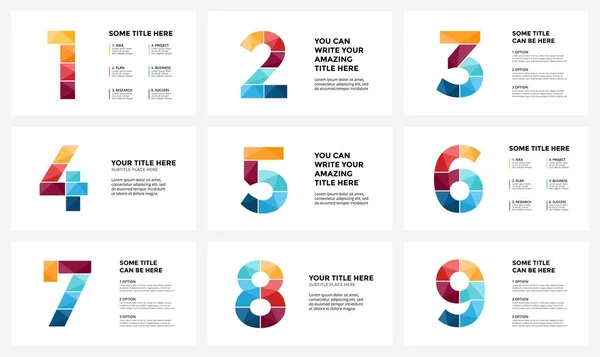 Vector alphabet infographic, presentation slide template. Business concept with numbers 1, 2, 3, 4, 5, 6, 7, 8, 9 and place for your text. 16x9 aspect ratio. 9 infographics in 1 set. — Stock Vector