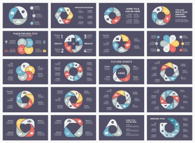 Daire okları Infographic vektör, döngüsü diyagramı, grafik, sunu grafik. İş kavramı ile 3, 4, 5, 6, 7, 8 seçenekleri, parçalar, adımları, süreçler. 16 x 9 karanlık slayt şablonları paket.
