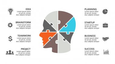 Vektör beyin Infographic. İnsan kafa diyagramı, bilgi grafik, neural ağ tanıtımı ve yüz grafik şablonu. İş fikir kavramı 8 seçenekleri, parçalar, adımları ile. Yapboz.