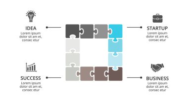 Vektör kare Infographic Bulmaca, döngüsü diyagramı, grafik, sunu grafik. İş kavramı ile 4 seçenekleri, parçalar, adımları, işler. 16 x 9 Slayt şablonu.