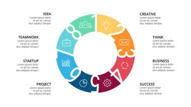 Daire okları Infographic vektör, döngüsü diyagramı, geometrik grafik, sunu grafik. İş kavramı ile 8 seçenekleri, parçalar, adımları, işler. 16 x 9 Slayt şablonu.
