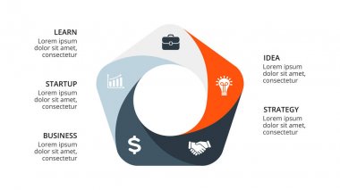 Daire okları Infographic vektör, döngüsü diyagramı, geometrik grafik, sunu grafik. İş kavramı ile 5, seçenekleri, parçalar, adımlar, işler. 16 x 9 Slayt şablonu.