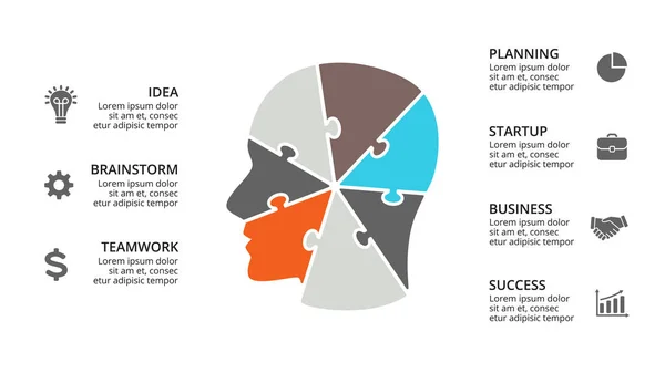 Vector brain infographic. Template for human head diagram, knowledge graph, neural network presentation and face chart. Business idea concept with 7 options, parts, steps. Puzzle jigsaw. — Stock Vector