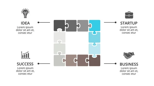 Vektor-Quadrat-Puzzle-Infografik, Zyklusdiagramm, Grafik, Präsentationstabelle. Geschäftskonzept mit 4 Optionen, Teilen, Schritten, Prozessen. 16x9 Folienvorlage. — Stockvektor
