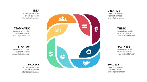 Frecce circolari vettoriali infografiche, diagramma del ciclo, grafico geometrico, grafico di presentazione. Concetto di business con 8 opzioni, parti, fasi, processi. Modello di diapositiva 16x9 . — Vettoriale Stock