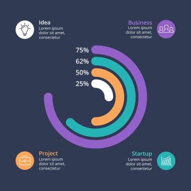 Daire okları Infographic vektör, döngüsü diyagramı, grafik, sunu grafik. İş kavramı. 4 seçenekleri, parçalar, adımları, süreçler. Durum yükleme yüzdeleri ile hedef.