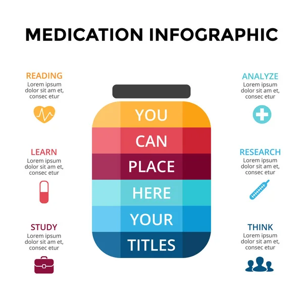 Vector pillen behandeling infographic met medische diagram, grafiek van de gezondheidszorg, ziekenhuis presentatie, nood grafiek. Het logo van de arts van geneeskunde. Concept met 6 opties, onderdelen, stappen, verwerkt. — Stockvector