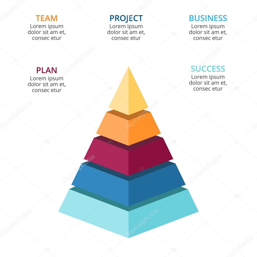 Vector 3d pyramid infographic, growth diagram chart, layered performance graph presentation. Business progress concept with 5 options, parts, steps, processes.