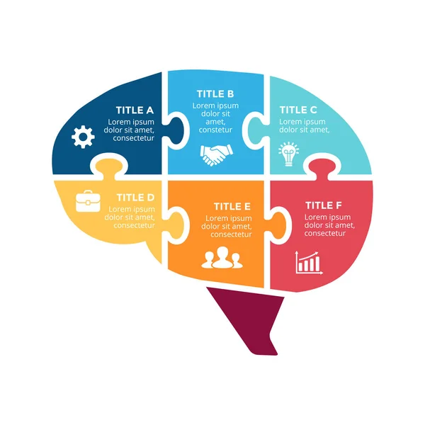 Vector brain infographic. Template for human head diagram, knowledge graph, neural network presentation and face chart. Business idea concept with 6 options, parts, steps. Puzzle jigsaw. — Stock Vector