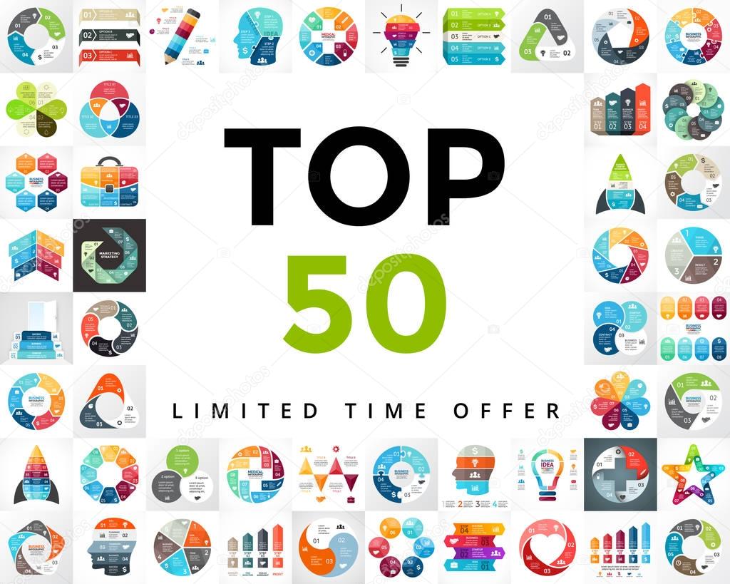 Vector infographics set. TOP 50. Business diagrams, arrows graphs, startup presentations and idea charts. Medicine, education, marketing, startups.