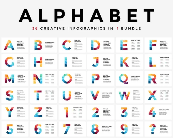 Vector alphabet infographic, presentation slide template. Business typographic concept with all numbers and letters. 16x9 aspect ratio. 36 infographics in 1 bundle. Latin type. — Stock Vector