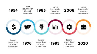 Vektör okları semicircles zaman çizelgesi Infographic, diyagram grafik, grafik sunum. İş ilerleme kavramı ile 6 seçenekleri, parçalar, adımları, işler.