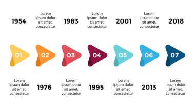 Vektör okları üçgenler zaman çizelgesi Infographic, diyagram grafik, grafik sunum. İş ilerleme kavramı ile 7 seçenekleri, parçalar, adımları, işler.