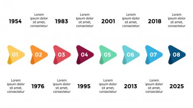 Vektör okları üçgenler zaman çizelgesi Infographic, diyagram grafik, grafik sunum. İş ilerleme kavramı ile 8 seçenekleri, parçalar, adımları, işler.